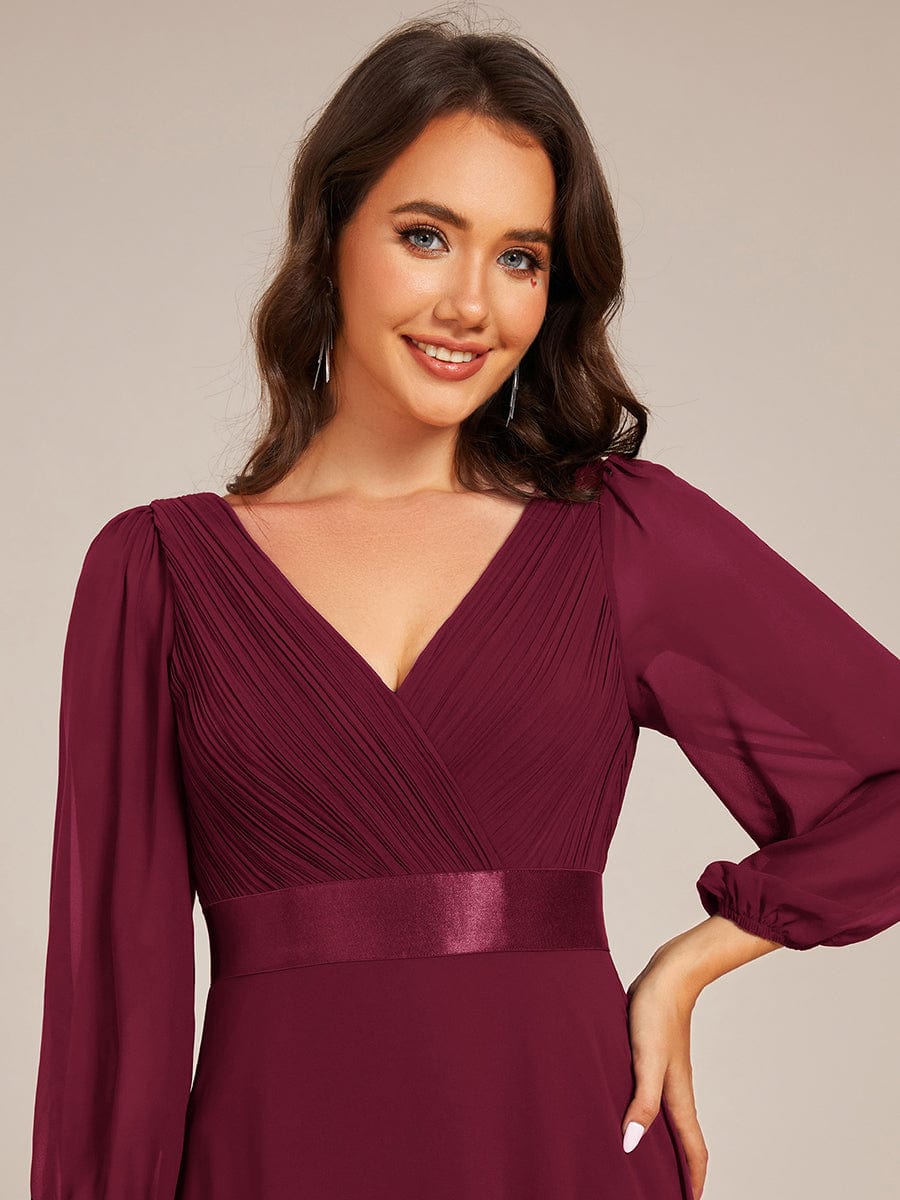 Chiffon Long Sleeve Empire Waist Maxi Evening Dress with Pleated Detailing #color_Burgundy