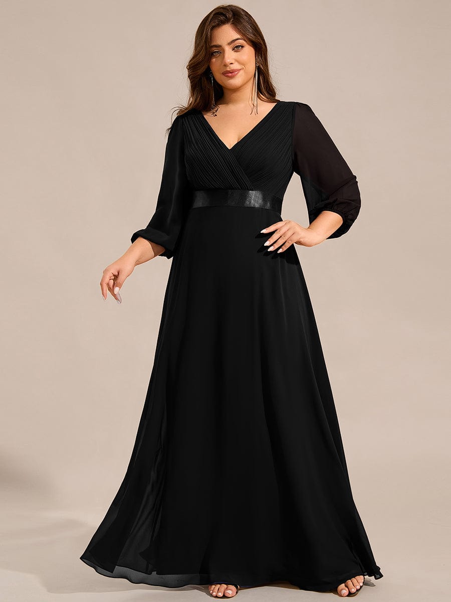 Chiffon Long Sleeve Empire Waist Maxi Evening Dress with Pleated Detailing #color_Black