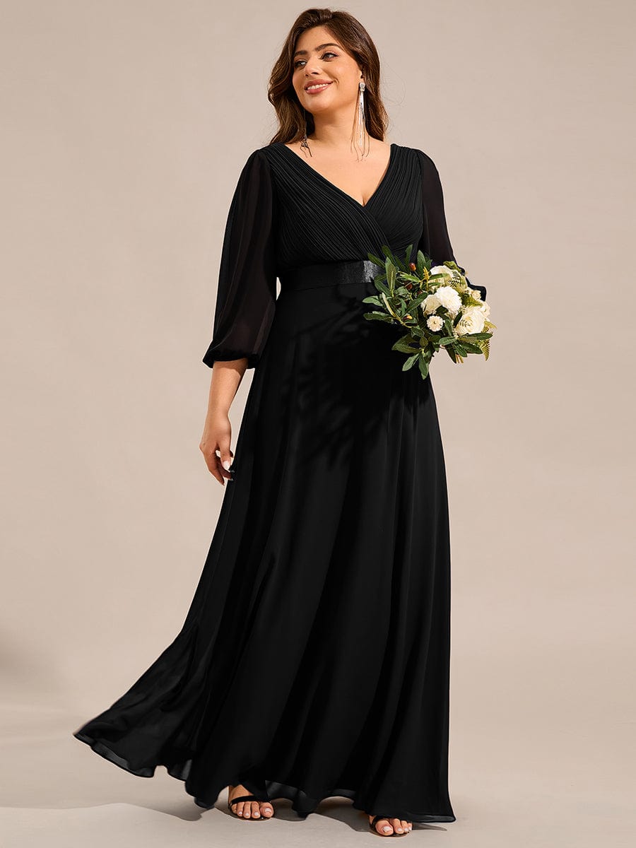 Chiffon Long Sleeve Empire Waist Maxi Evening Dress with Pleated Detailing #color_Black