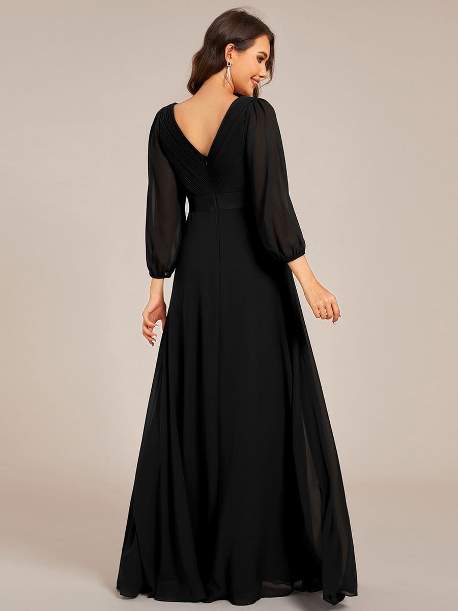 Chiffon Long Sleeve Empire Waist Maxi Evening Dress with Pleated Detailing #color_Black