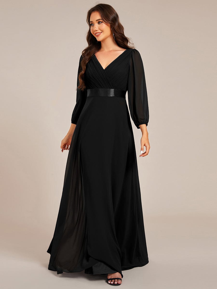 Chiffon Long Sleeve Empire Waist Maxi Evening Dress with Pleated Detailing #color_Black