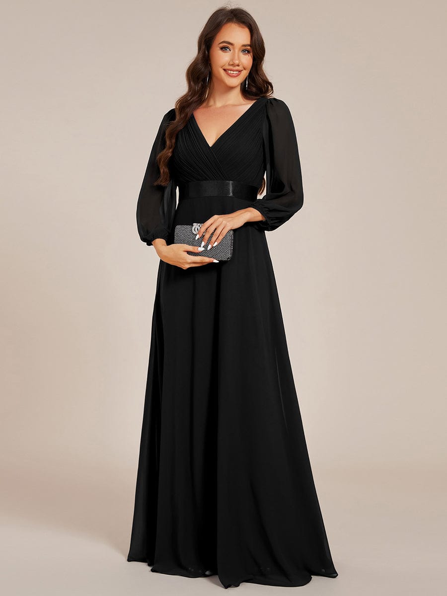 Chiffon Long Sleeve Empire Waist Maxi Evening Dress with Pleated Detailing #color_Black