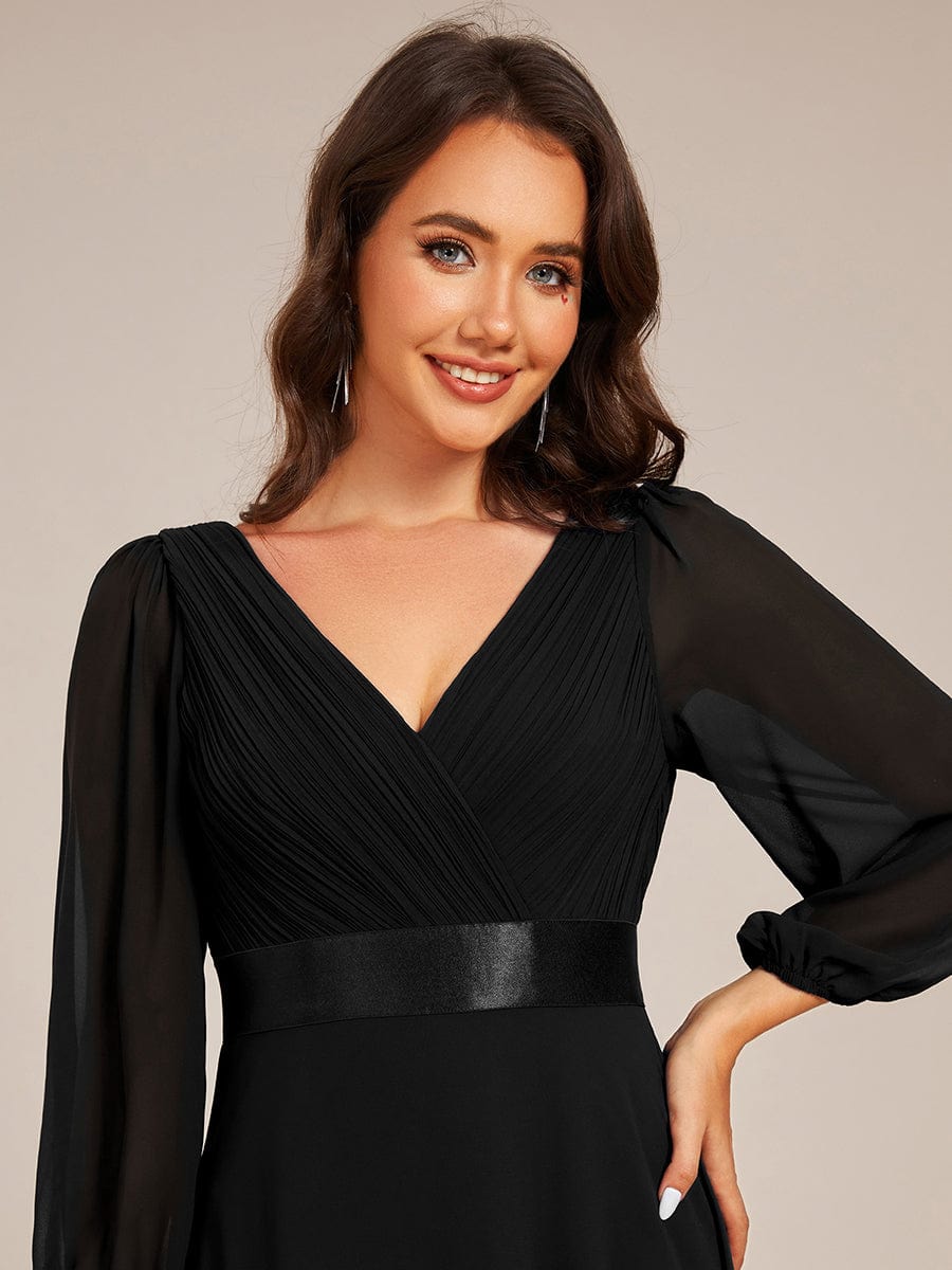 Chiffon Long Sleeve Empire Waist Maxi Evening Dress with Pleated Detailing #color_Black