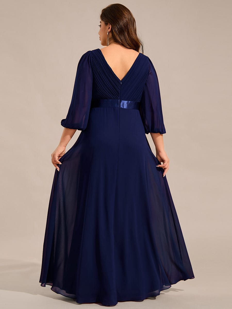 Chiffon Long Sleeve Empire Waist Maxi Evening Dress with Pleated Detailing #color_Navy Blue