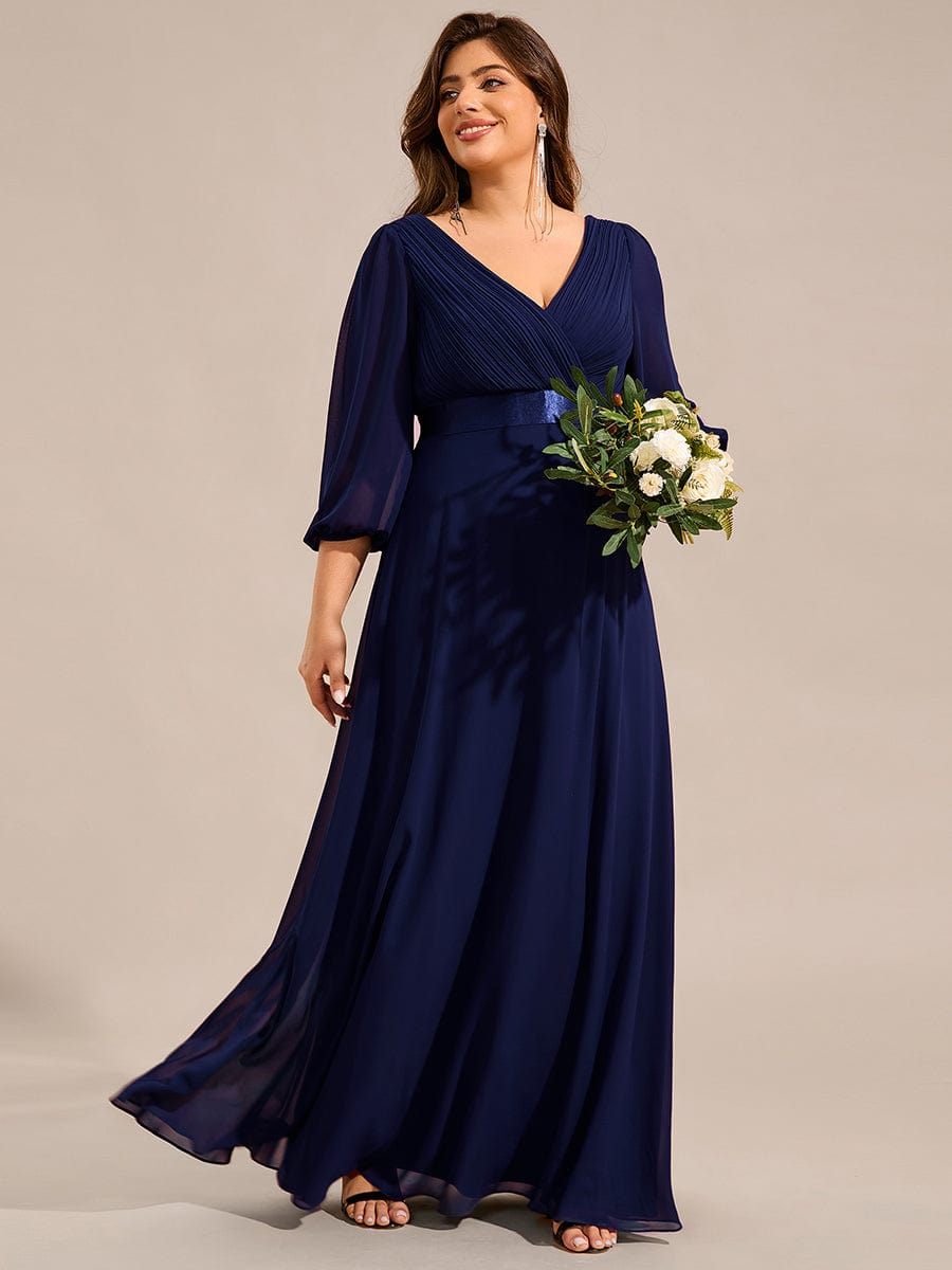 Chiffon Long Sleeve Empire Waist Maxi Evening Dress with Pleated Detailing #color_Navy Blue