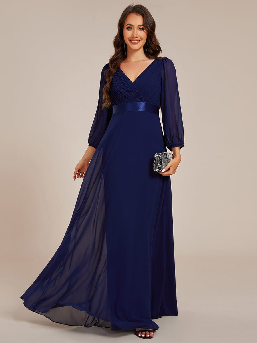 Chiffon Long Sleeve Empire Waist Maxi Evening Dress with Pleated Detailing #color_Navy Blue