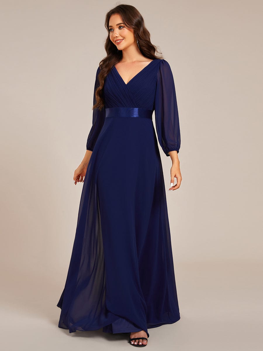 Chiffon Long Sleeve Empire Waist Maxi Evening Dress with Pleated Detailing #color_Navy Blue