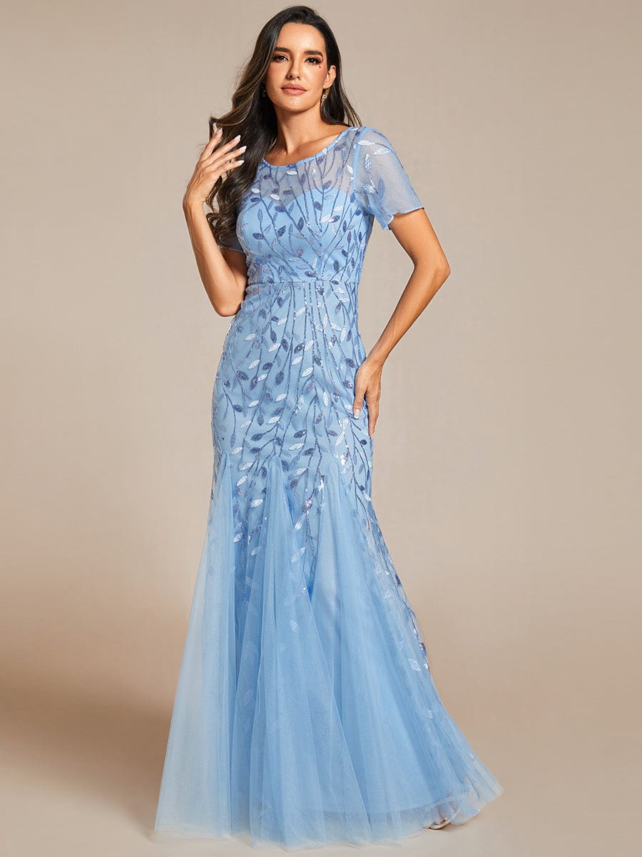 Sequin Leaf Maxi Long Fishtail Tulle Prom Dresses With Half Sleeve #color_Sky Blue