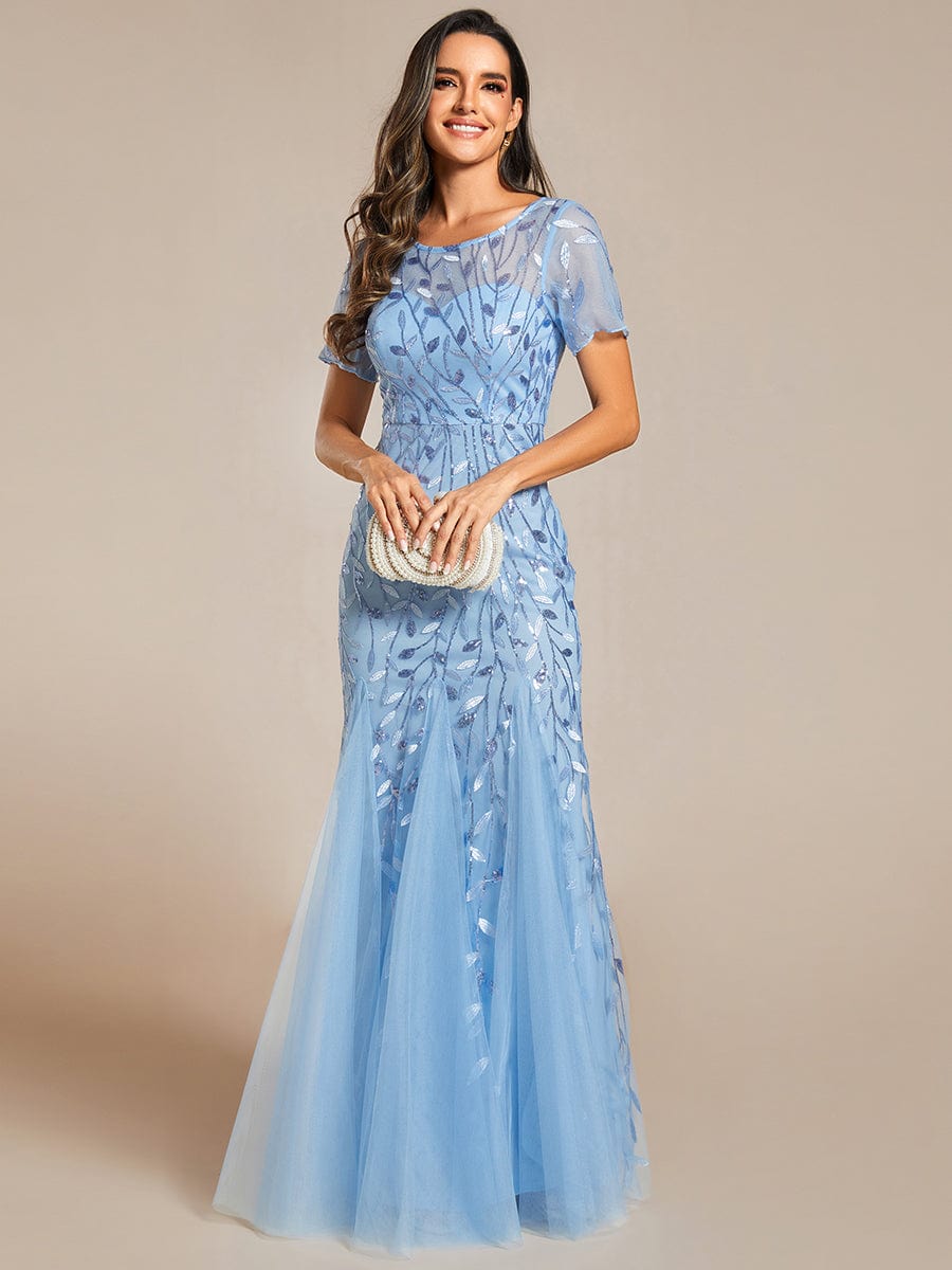Sequin Leaf Maxi Long Fishtail Tulle Prom Dresses With Half Sleeve #color_Sky Blue