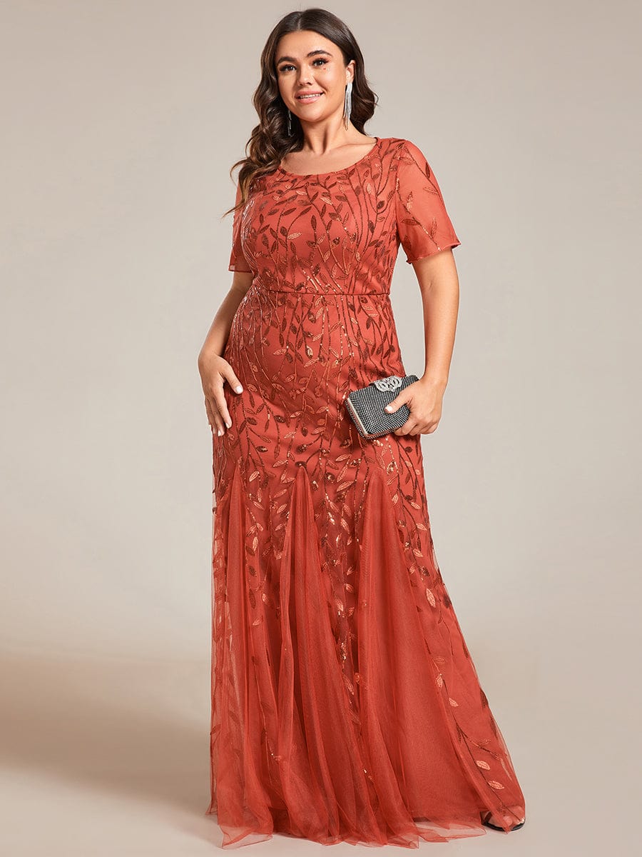 Sequin Leaf Maxi Long Fishtail Tulle Prom Dresses With Half Sleeves #color_Burnt Orange