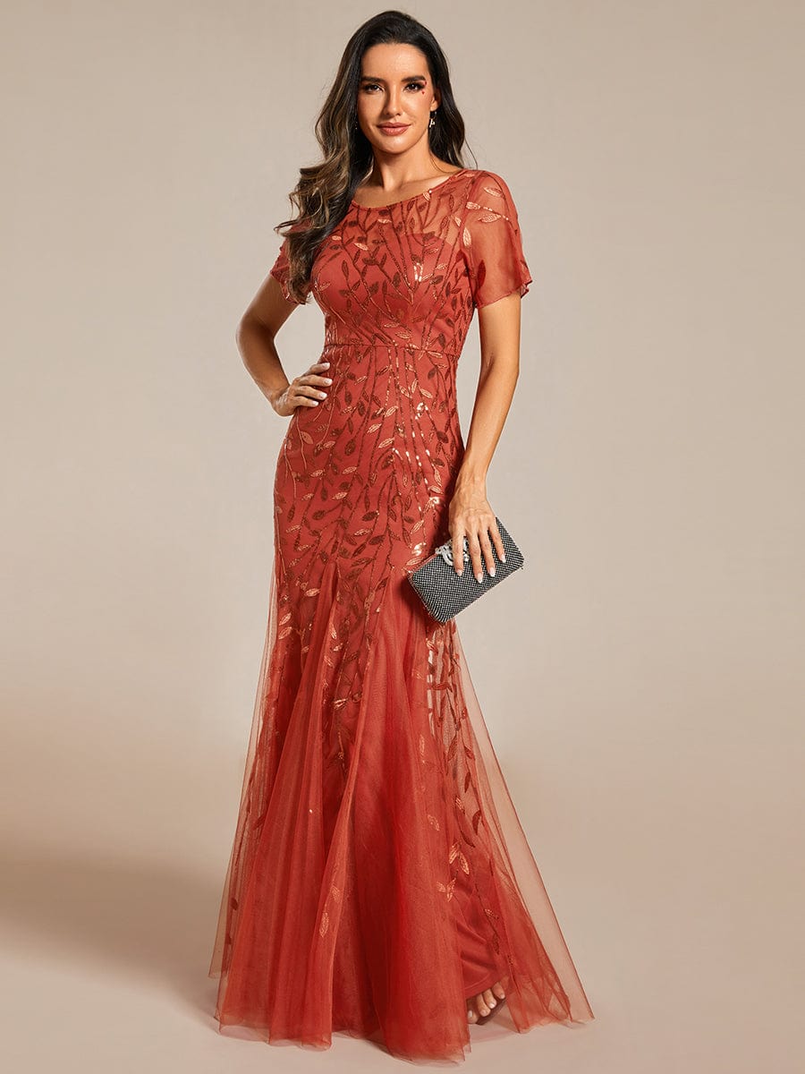 Sequin Leaf Maxi Long Fishtail Tulle Prom Dresses With Half Sleeves #color_Burnt Orange