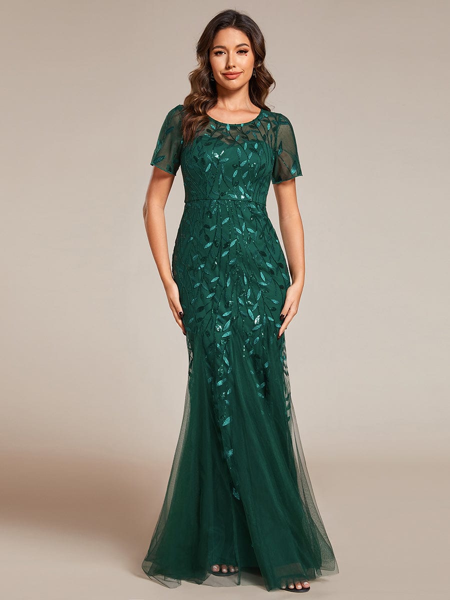 Sequin Leaf Maxi Long Fishtail Tulle Prom Dresses With Half Sleeves #color_Dark Green