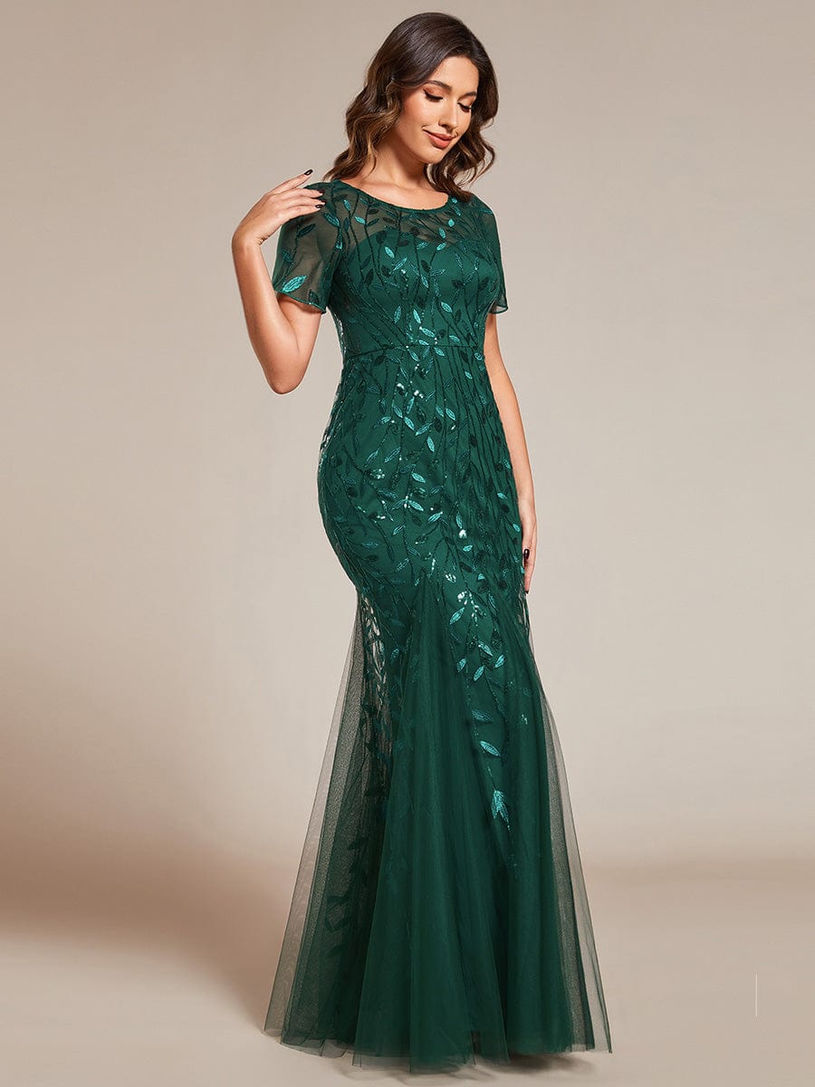 Sequin Leaf Maxi Long Fishtail Tulle Prom Dresses With Half Sleeves #color_Dark Green
