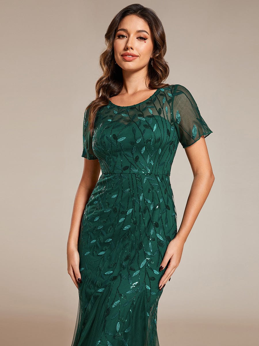 Sequin Leaf Maxi Long Fishtail Tulle Prom Dresses With Half Sleeves #color_Dark Green