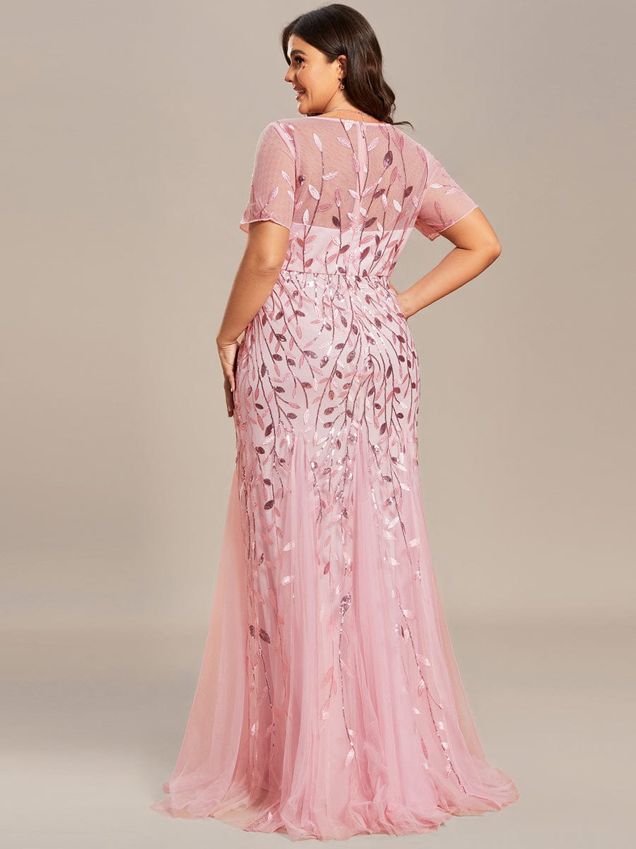 Sequin Leaf Maxi Long Fishtail Tulle Prom Dresses With Half Sleeves #color_Pink