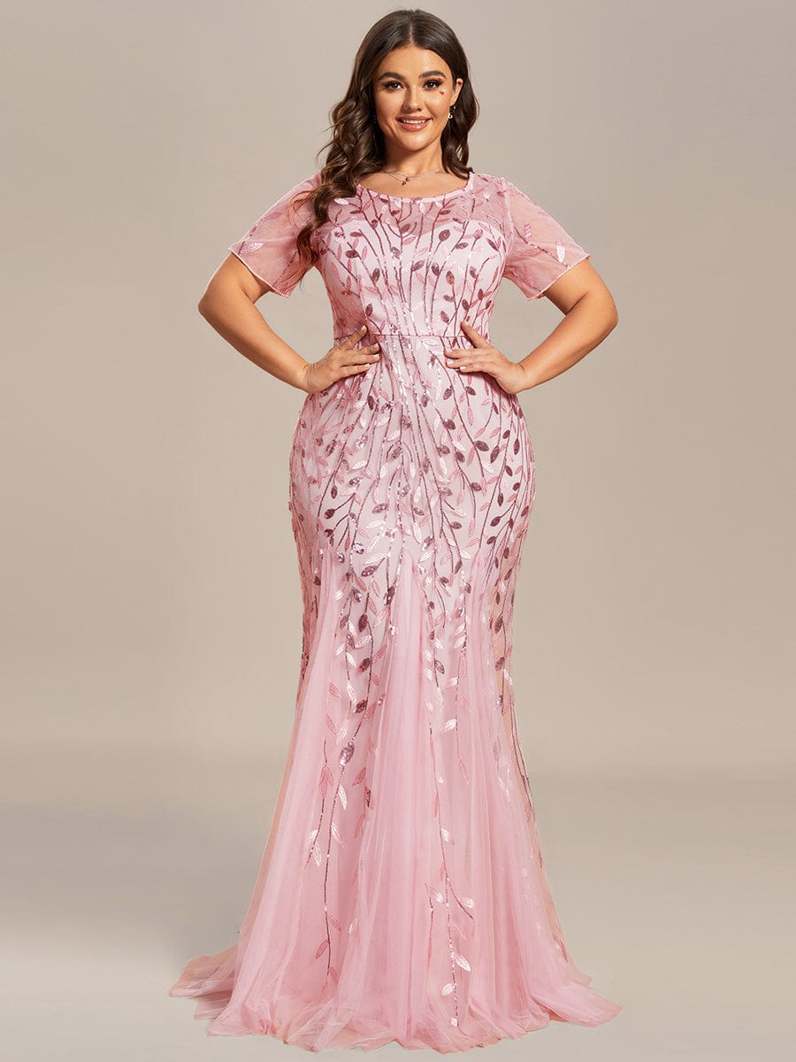 Sequin Leaf Maxi Long Fishtail Tulle Prom Dresses With Half Sleeve #color_Pink
