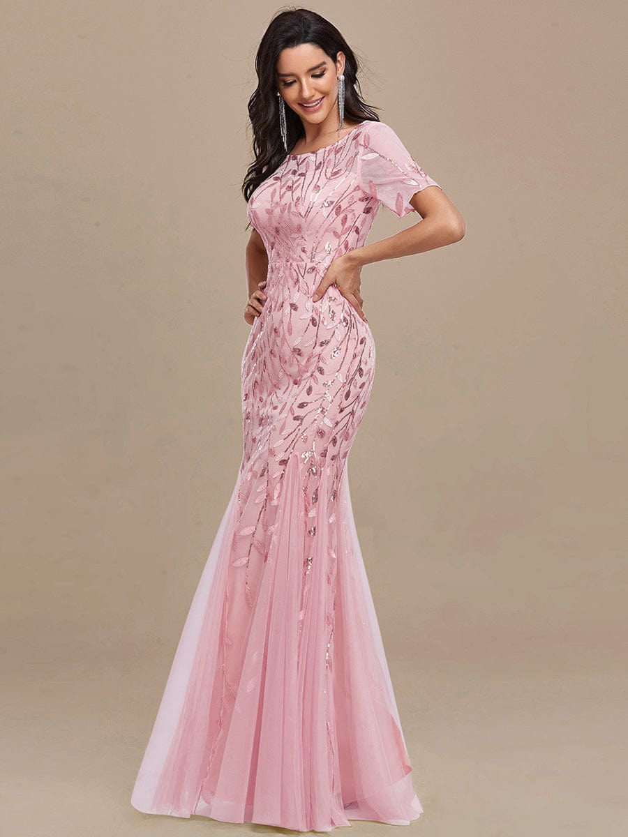 Sequin Leaf Maxi Long Fishtail Tulle Prom Dresses With Half Sleeve #color_Pink