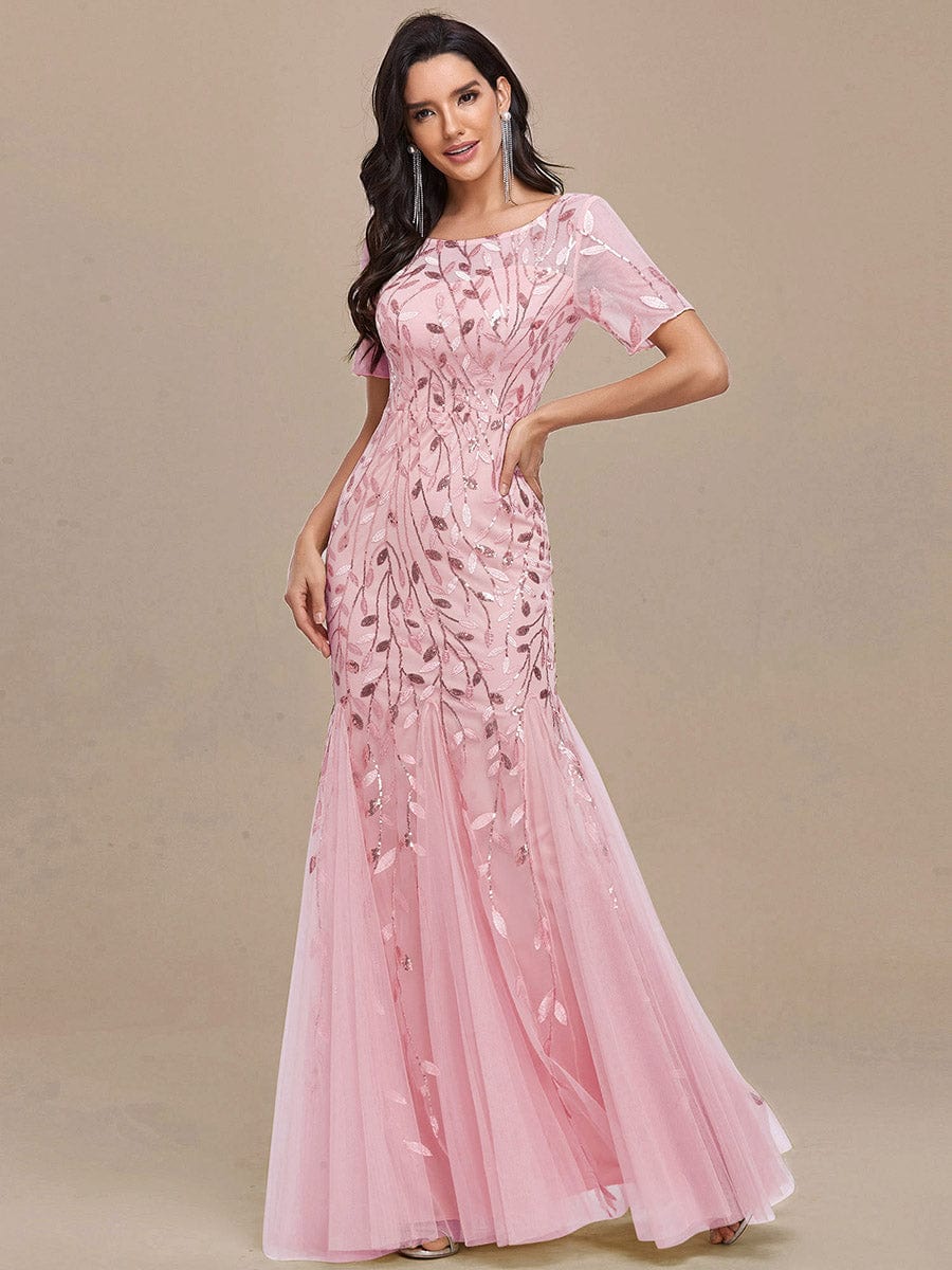 Sequin Leaf Maxi Long Fishtail Tulle Prom Dresses With Half Sleeve #color_Pink