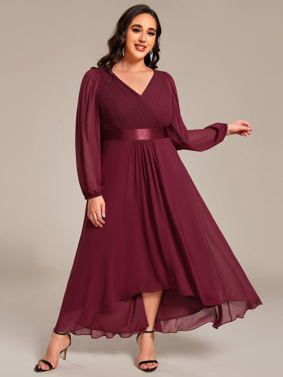 Chiffon Long Sleeve Empire Waist Midi Evening Dress #color_Burgundy