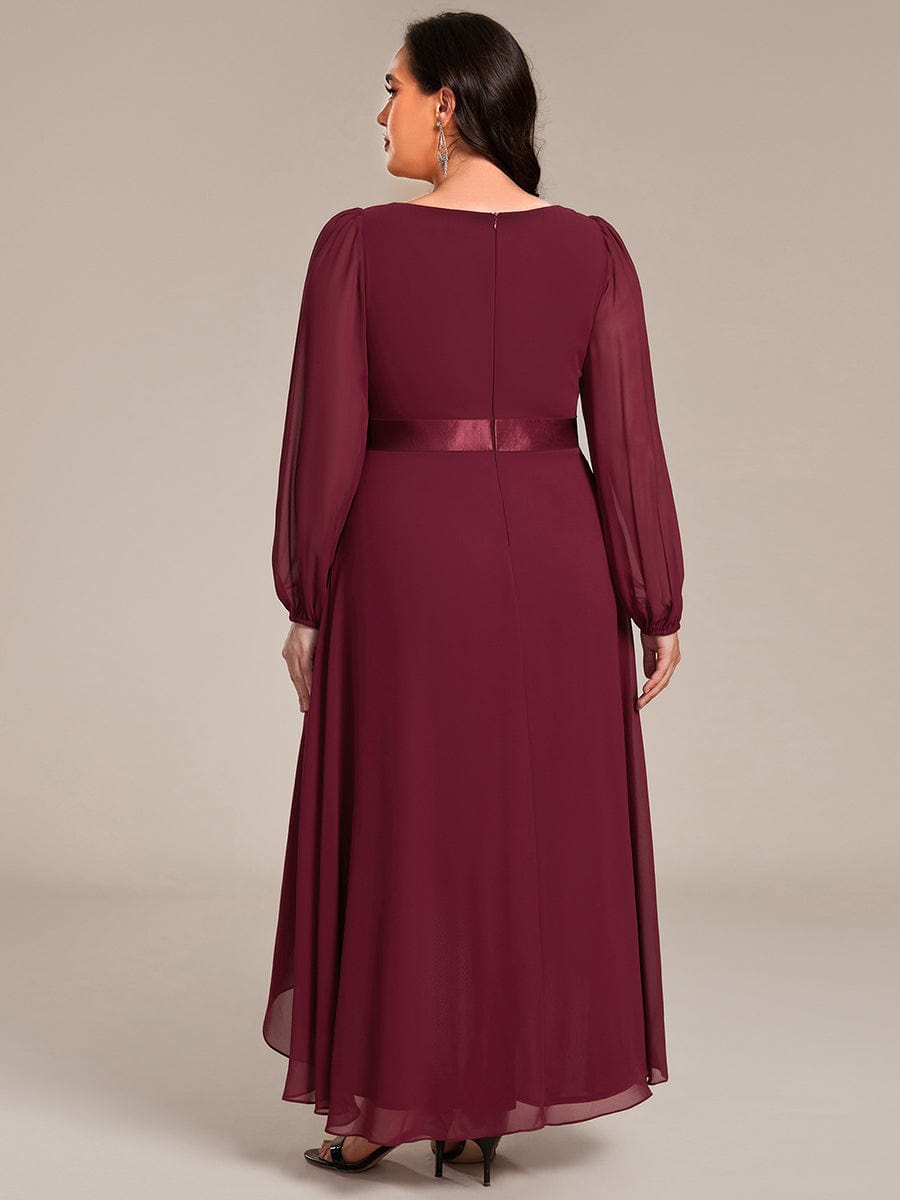 Chiffon Long Sleeve Empire Waist Midi Evening Dress #color_Burgundy