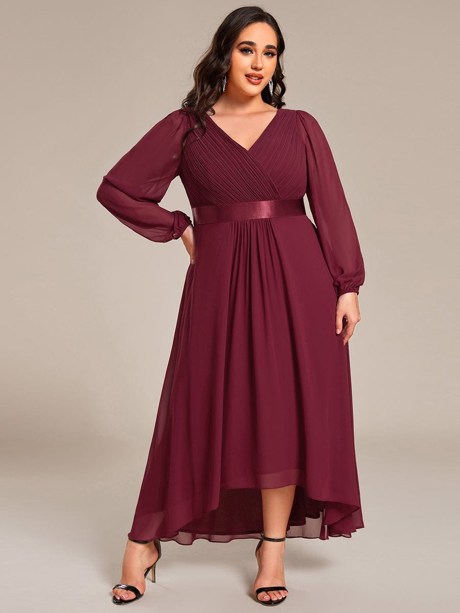 Chiffon Long Sleeve Empire Waist Midi Evening Dress #color_Burgundy