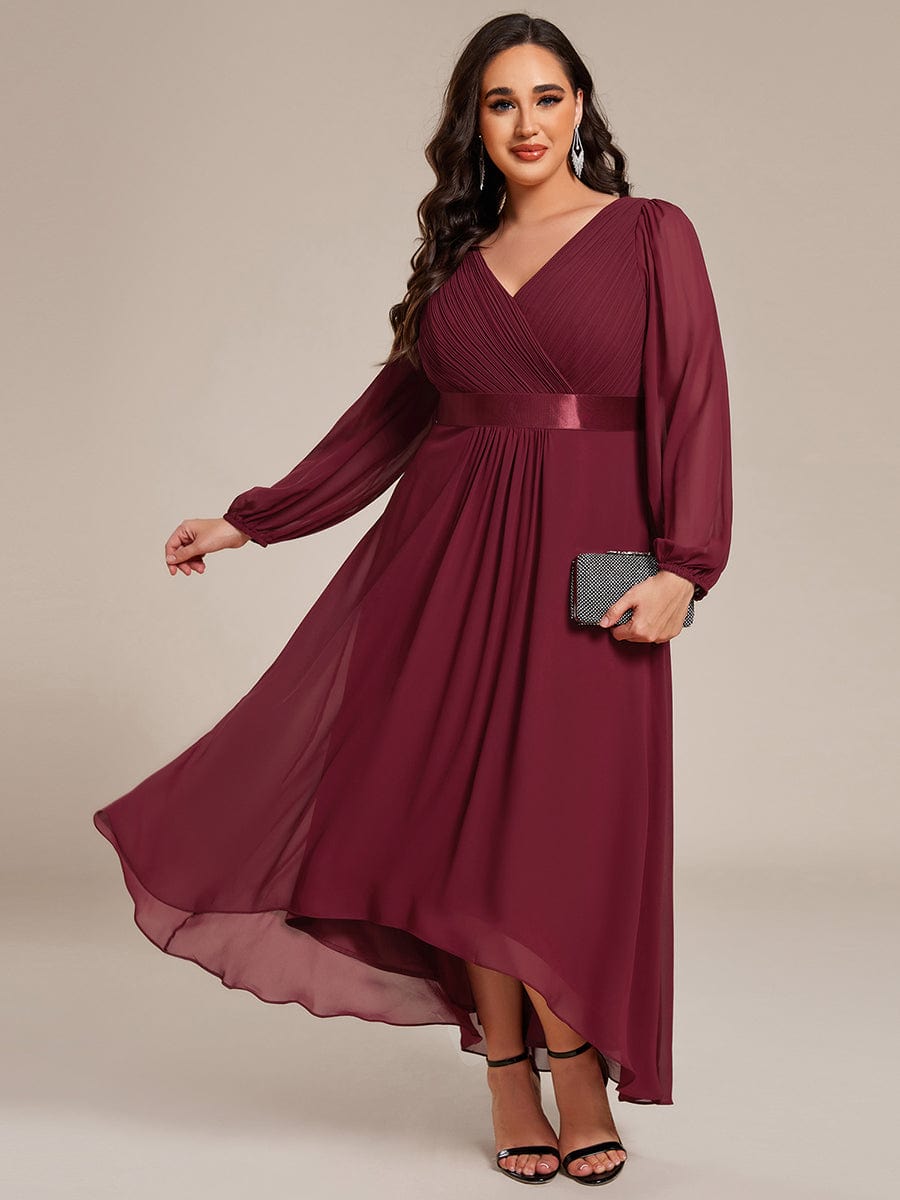 Chiffon Long Sleeve Empire Waist Midi Evening Dress #color_Burgundy