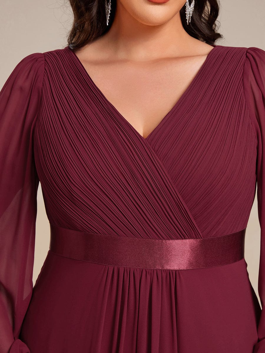 Chiffon Long Sleeve Empire Waist Midi Evening Dress #color_Burgundy