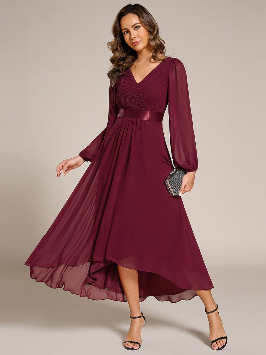 Chiffon Long Sleeve Empire Waist Midi Evening Dress #color_Burgundy