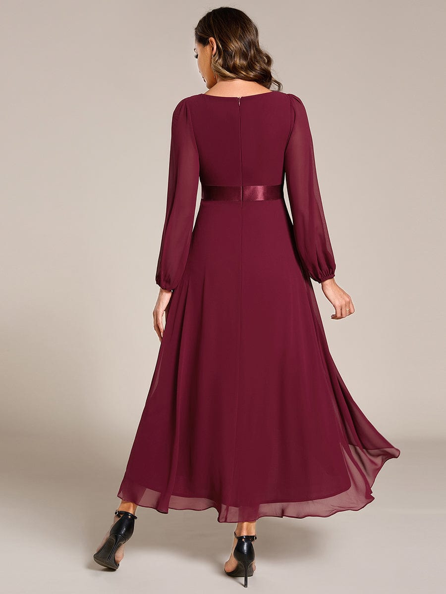 Chiffon Long Sleeve Empire Waist Midi Evening Dress #color_Burgundy