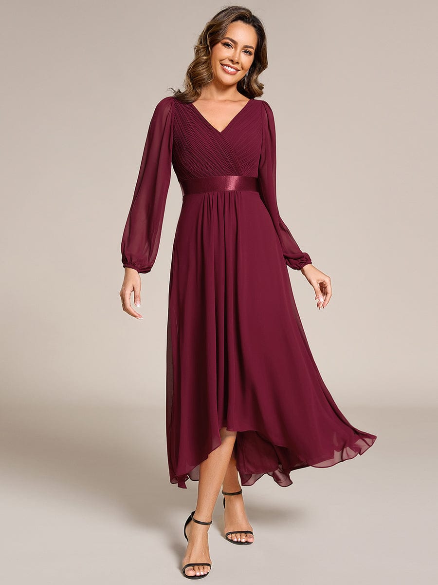 Chiffon Long Sleeve Empire Waist Midi Evening Dress #color_Burgundy