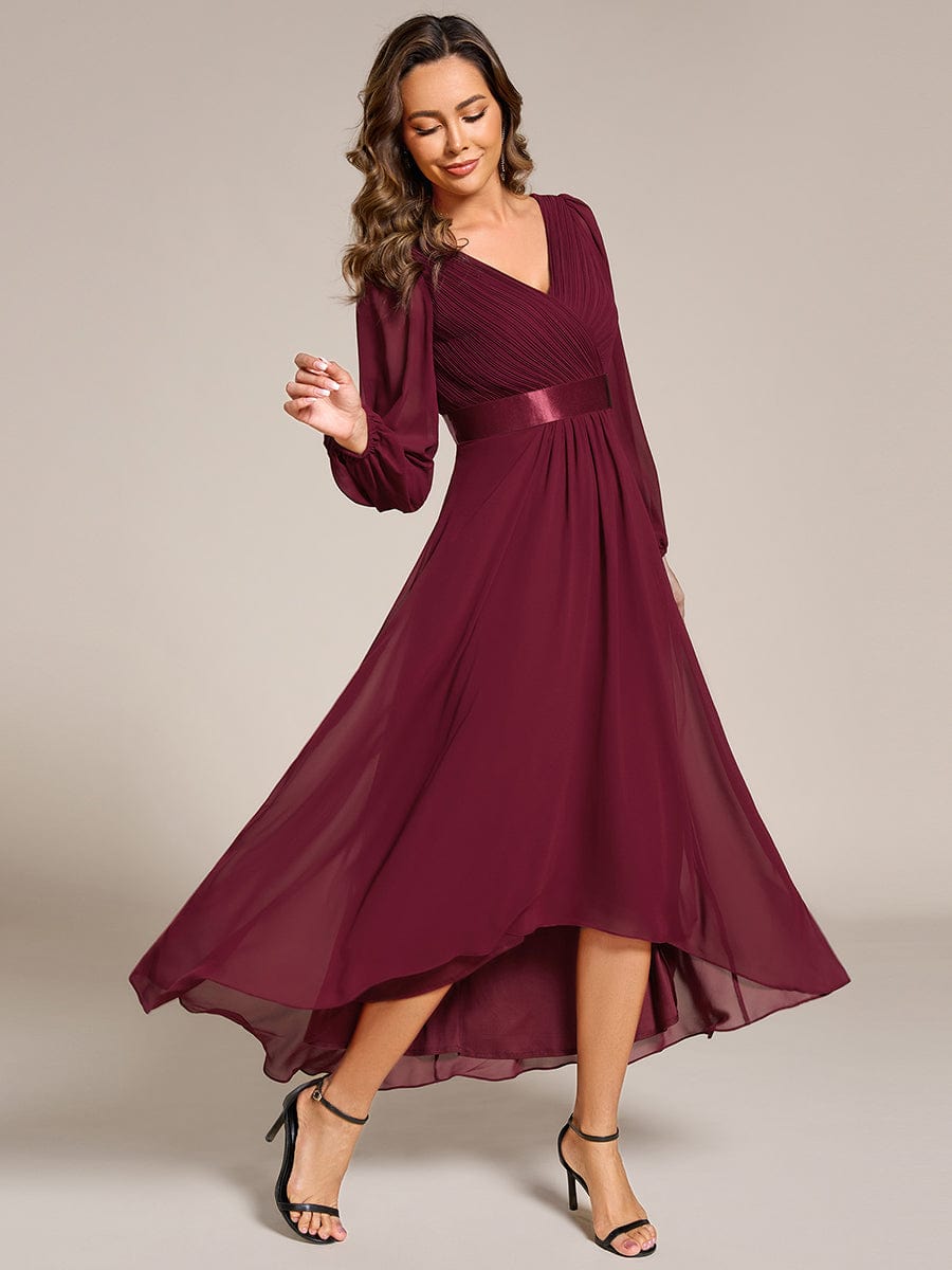 Chiffon Long Sleeve Empire Waist Midi Evening Dress #color_Burgundy