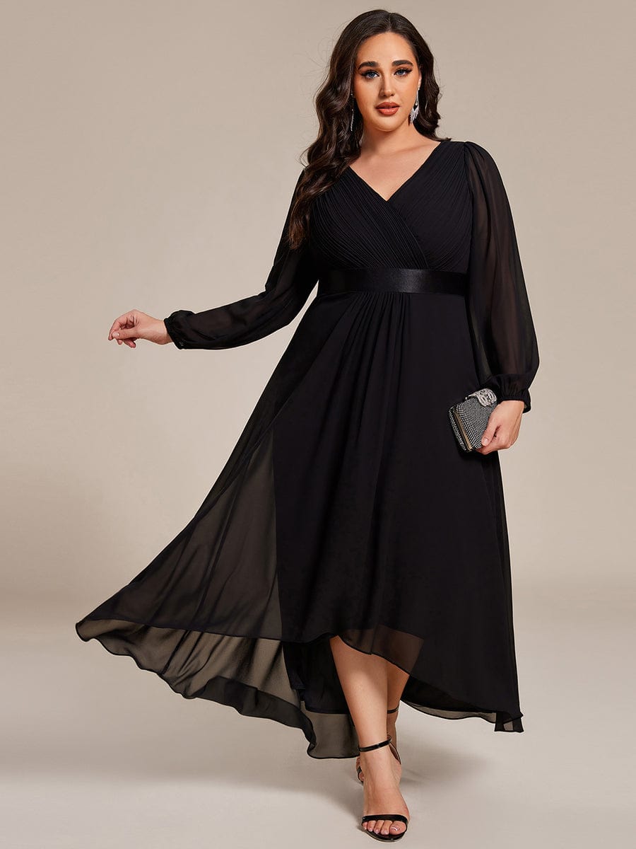 Chiffon Long Sleeve Empire Waist Midi Evening Dress #color_Black