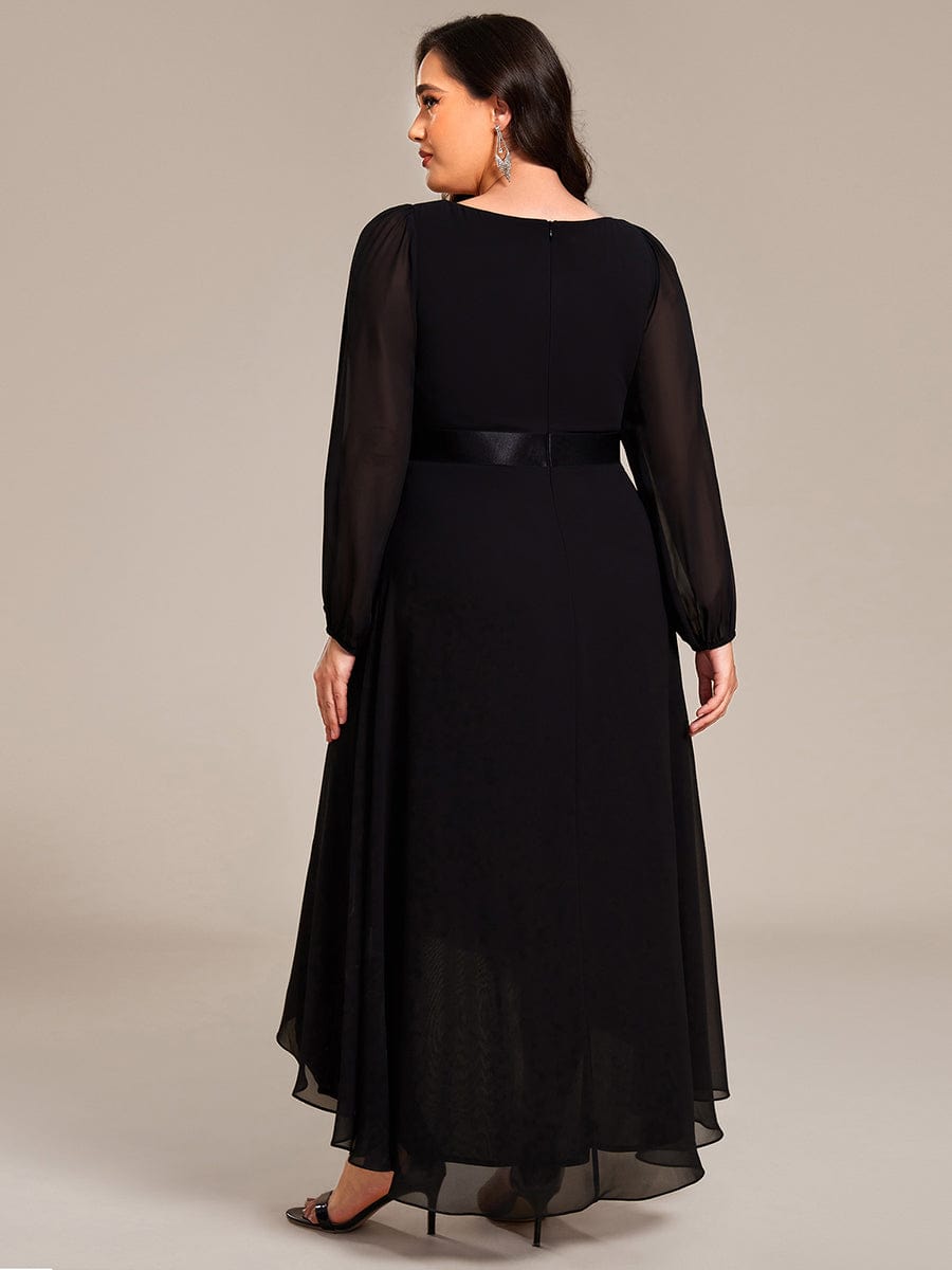 Chiffon Long Sleeve Empire Waist Midi Evening Dress #color_Black