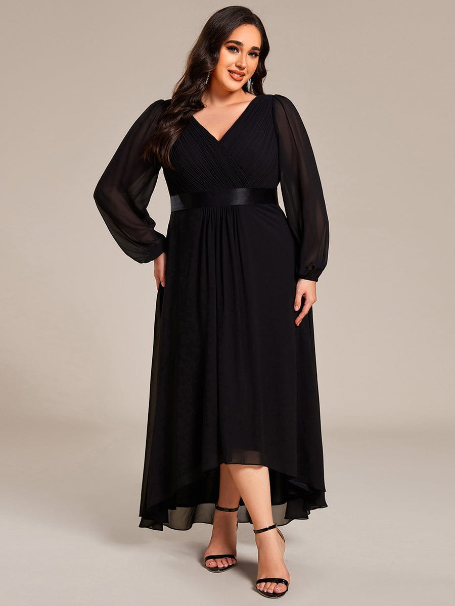 Chiffon Long Sleeve Empire Waist Midi Evening Dress #color_Black