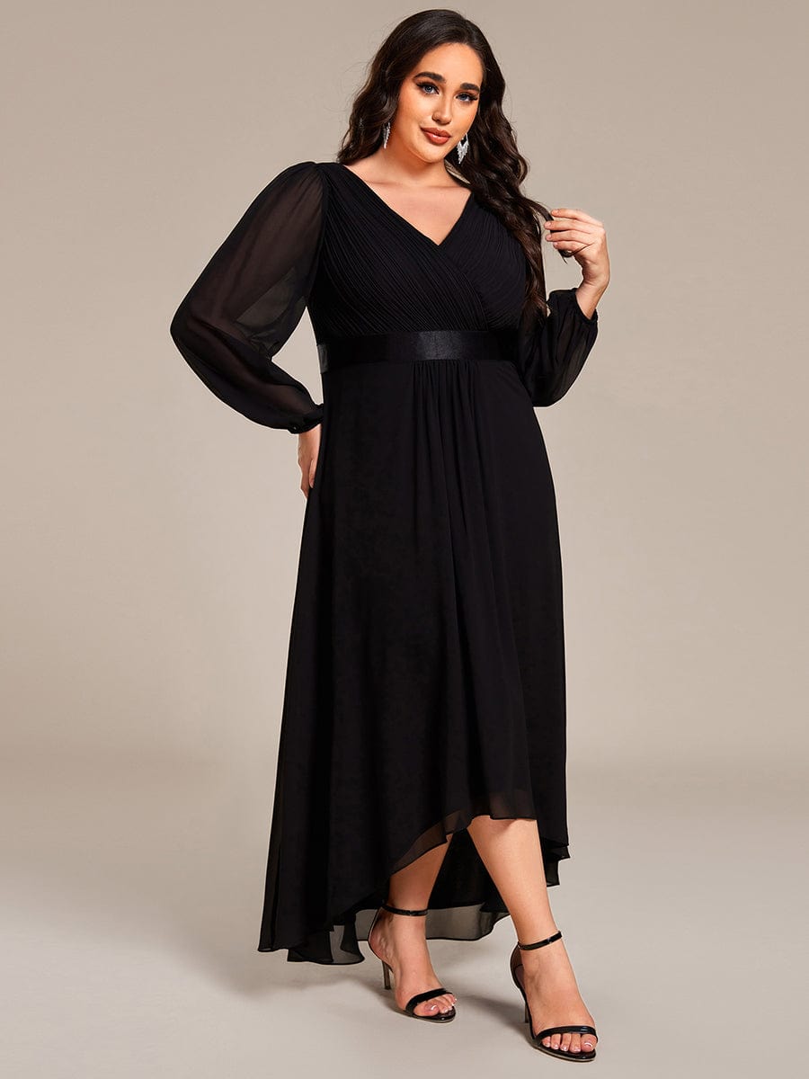 Chiffon Long Sleeve Empire Waist Midi Evening Dress #color_Black