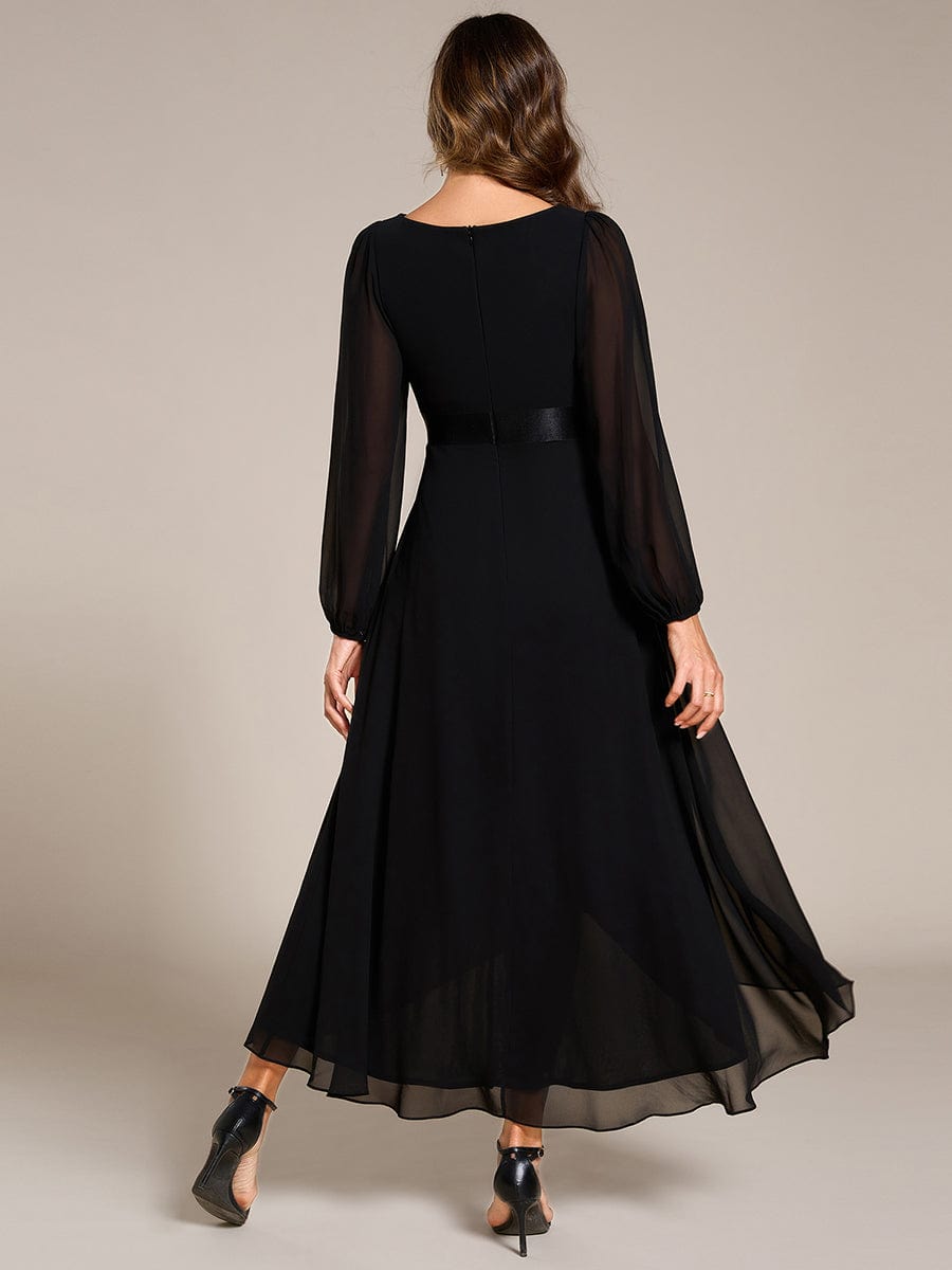 Chiffon Long Sleeve Empire Waist Midi Evening Dress #color_Black