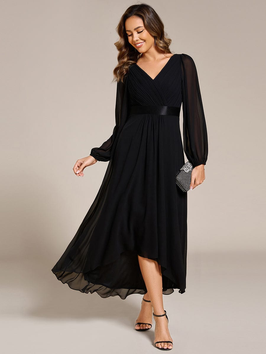 Chiffon Long Sleeve Empire Waist Midi Evening Dress #color_Black