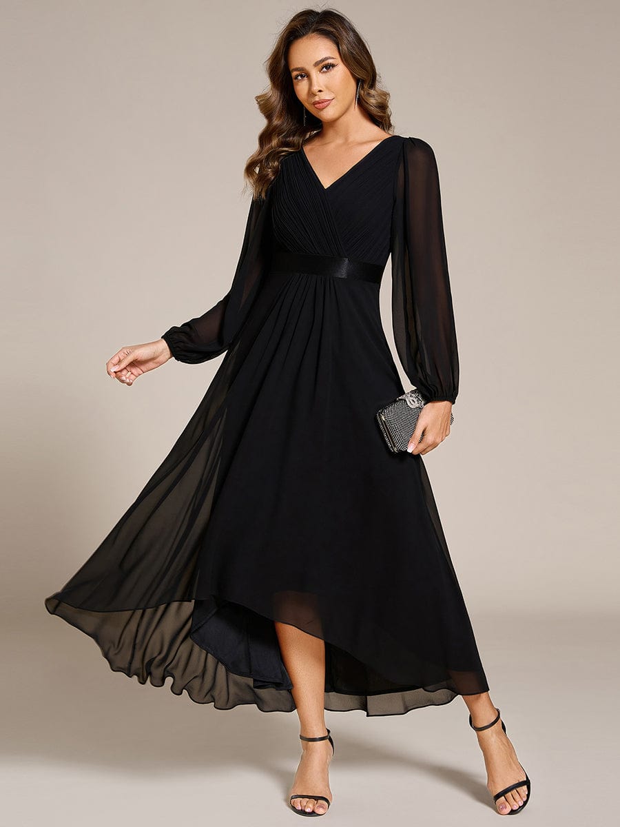 Chiffon Long Sleeve Empire Waist Midi Evening Dress #color_Black