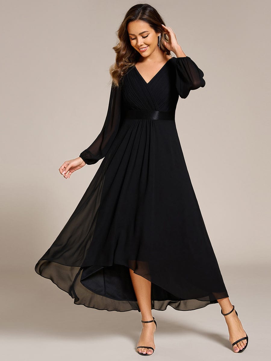 Chiffon Long Sleeve Empire Waist Midi Evening Dress #color_Black