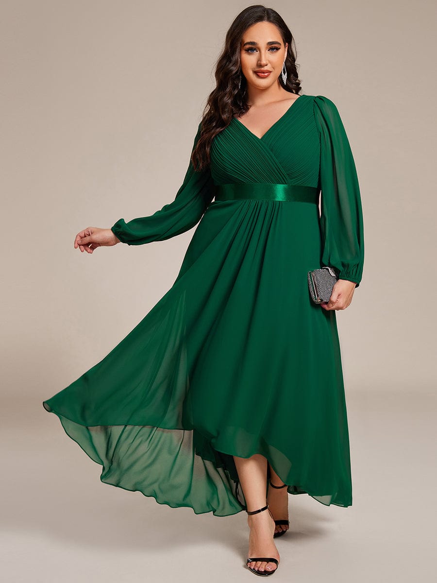 Chiffon Long Sleeve Empire Waist Midi Evening Dress #color_Dark Green