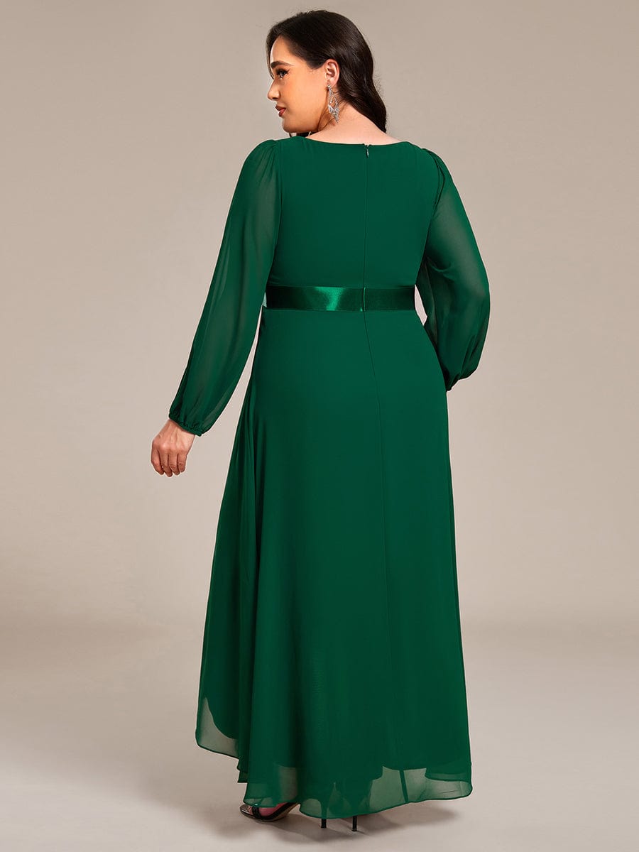 Chiffon Long Sleeve Empire Waist Midi Evening Dress #color_Dark Green