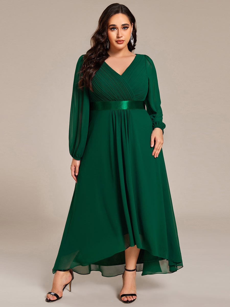 Chiffon Long Sleeve Empire Waist Midi Evening Dress #color_Dark Green