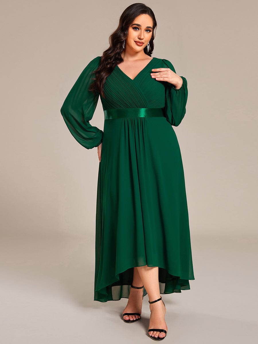 Chiffon Long Sleeve Empire Waist Midi Evening Dress #color_Dark Green