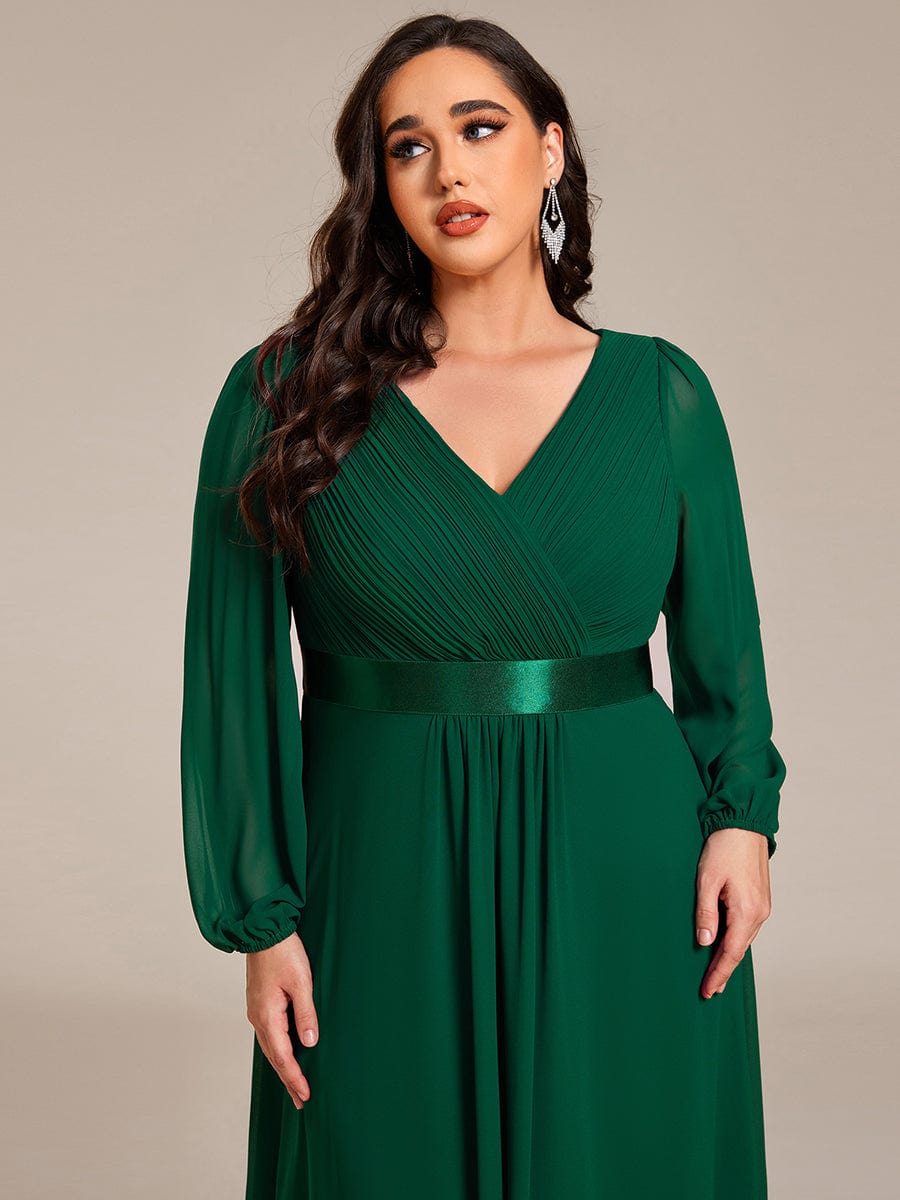 Chiffon Long Sleeve Empire Waist Midi Evening Dress #color_Dark Green