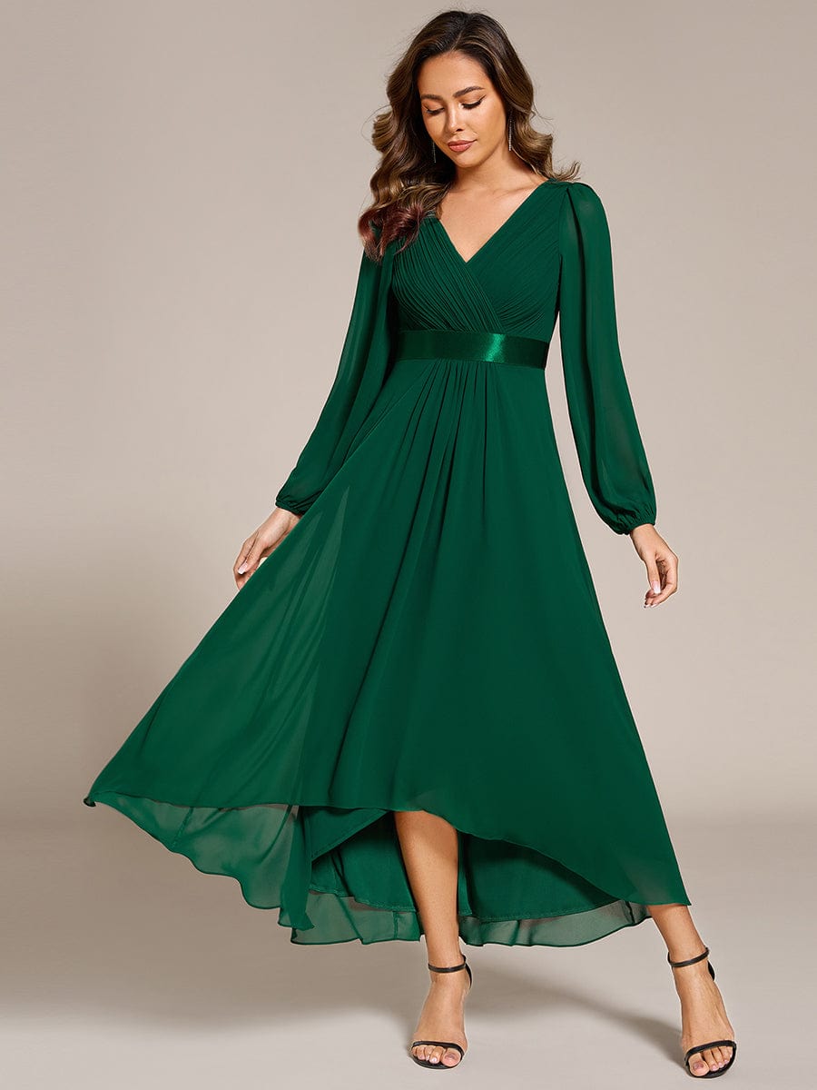 Chiffon Long Sleeve Empire Waist Midi Evening Dress #color_Dark Green