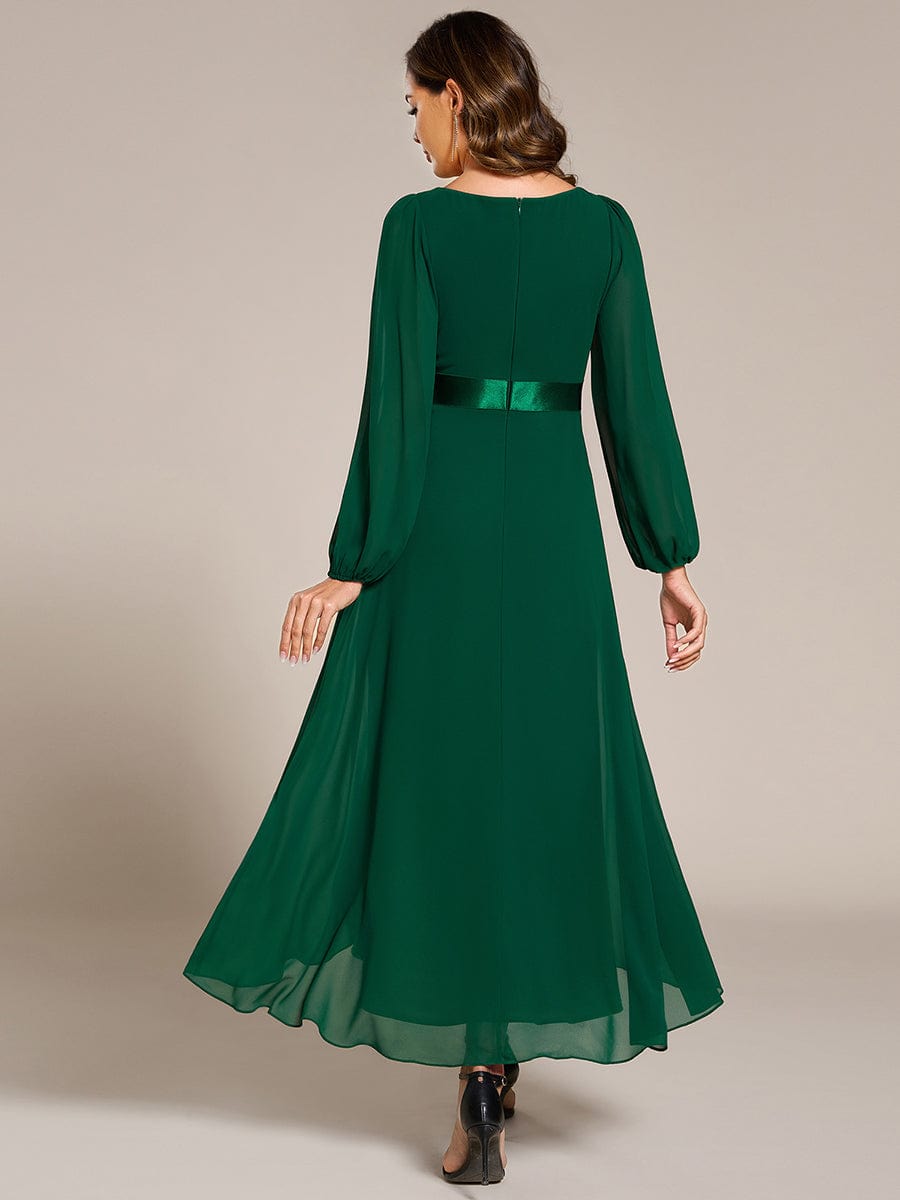 Chiffon Long Sleeve Empire Waist Midi Evening Dress #color_Dark Green