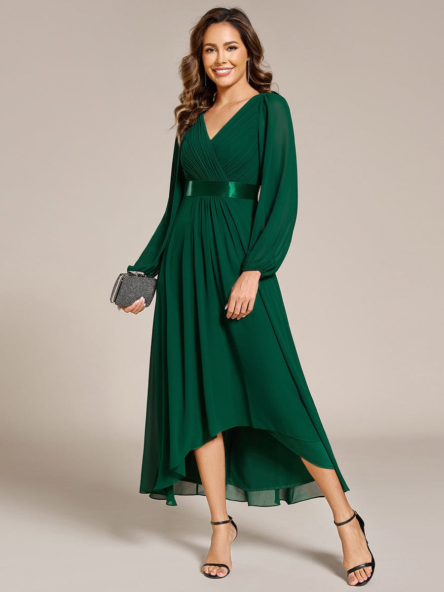 Chiffon Long Sleeve Empire Waist Midi Evening Dress #color_Dark Green