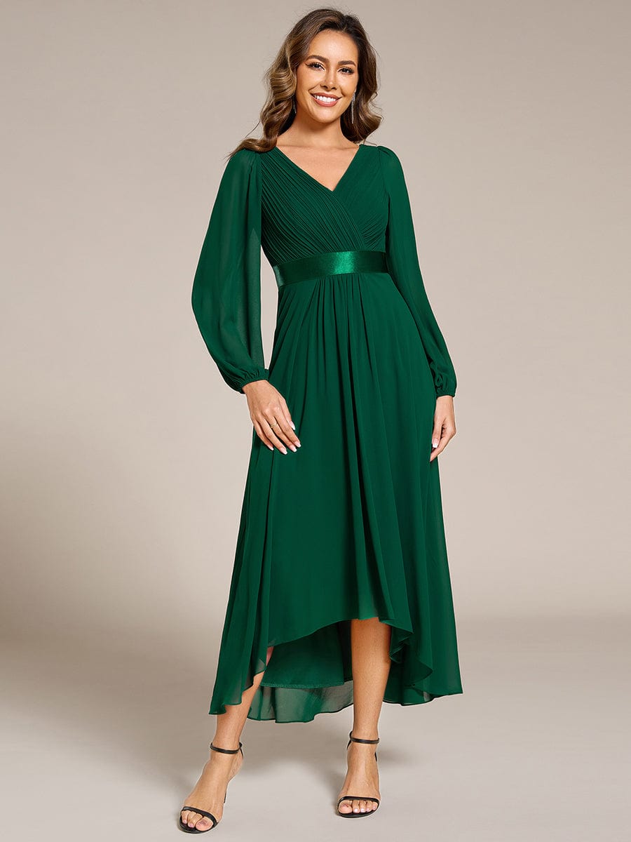 Chiffon Long Sleeve Empire Waist Midi Evening Dress #color_Dark Green