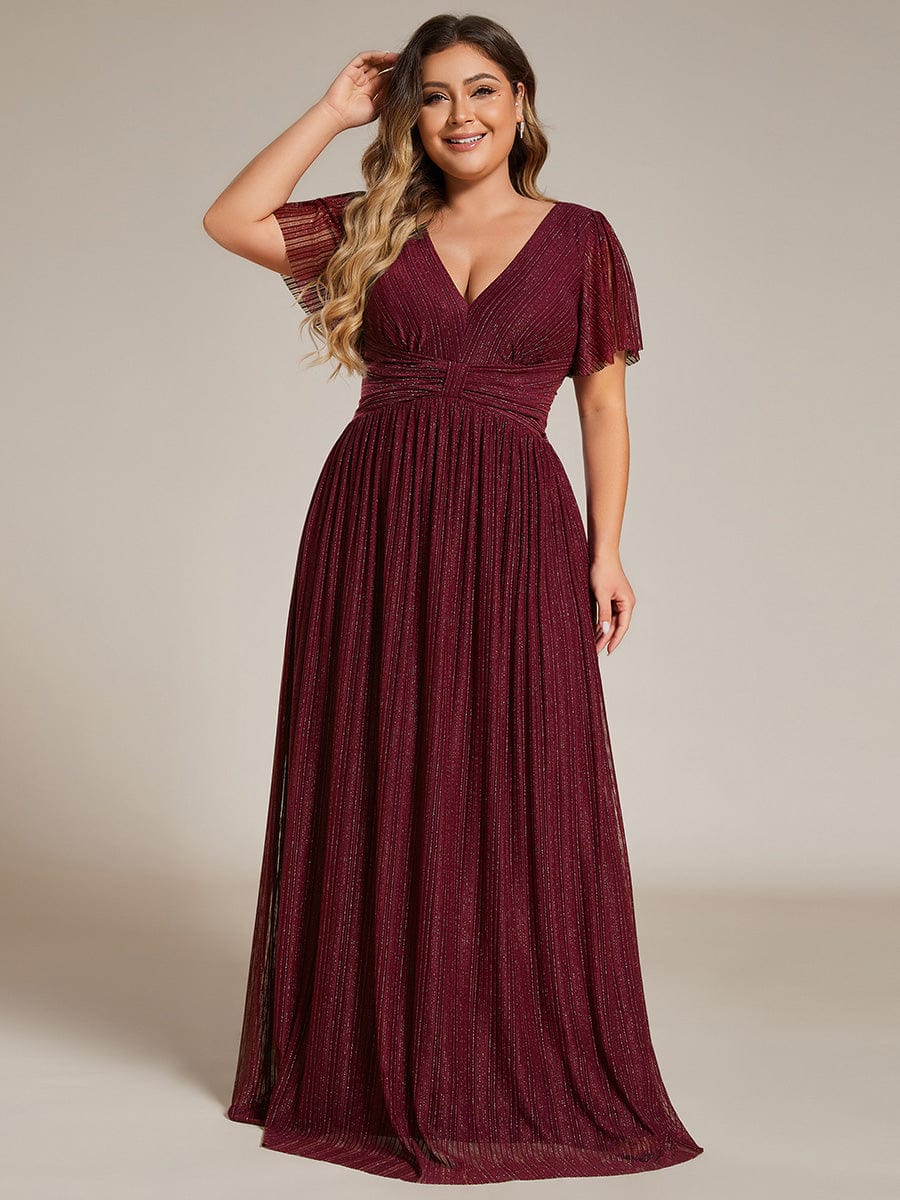 Plus Size Sparkle Short Sleeves Formal Evening Dress with V-Neck #color_Burgundy