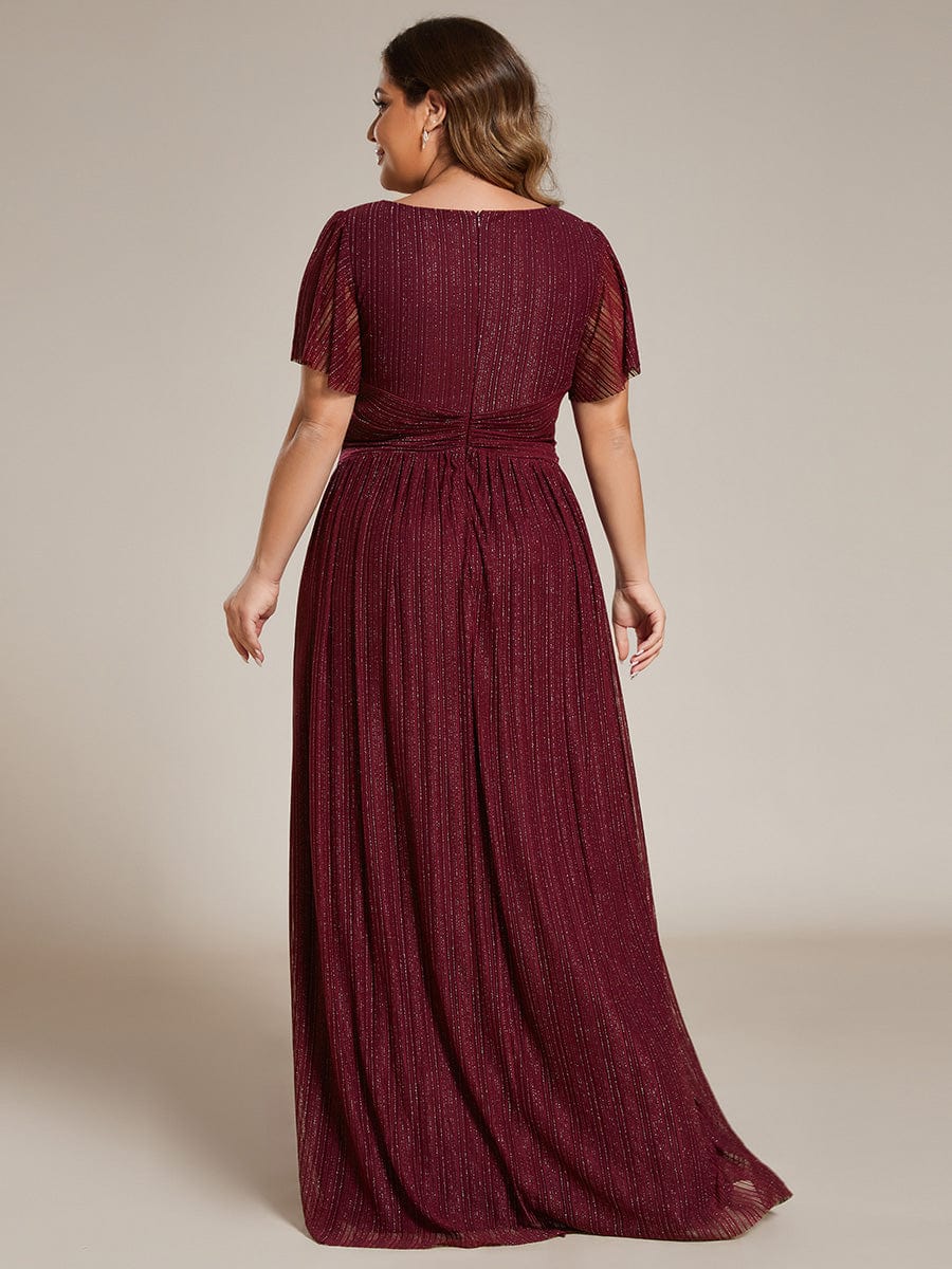 Plus Size Sparkle Short Sleeves Formal Evening Dress with V-Neck #color_Burgundy